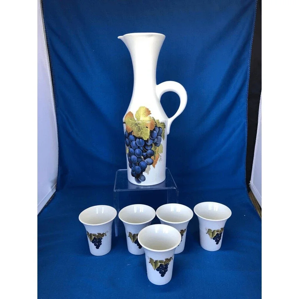 Vintage Naaman Israel Porcelain Grapes Decanter Pitcher & 5 Cups 6pc